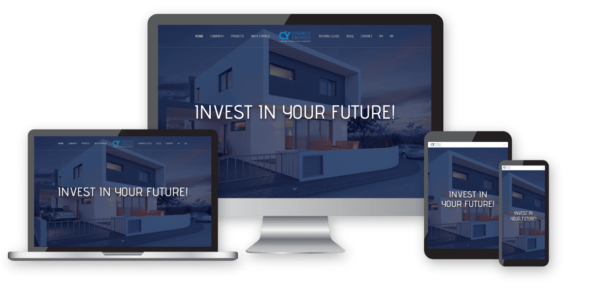 Cy Energy Homes home page in an iMac,Macbook,table and phone